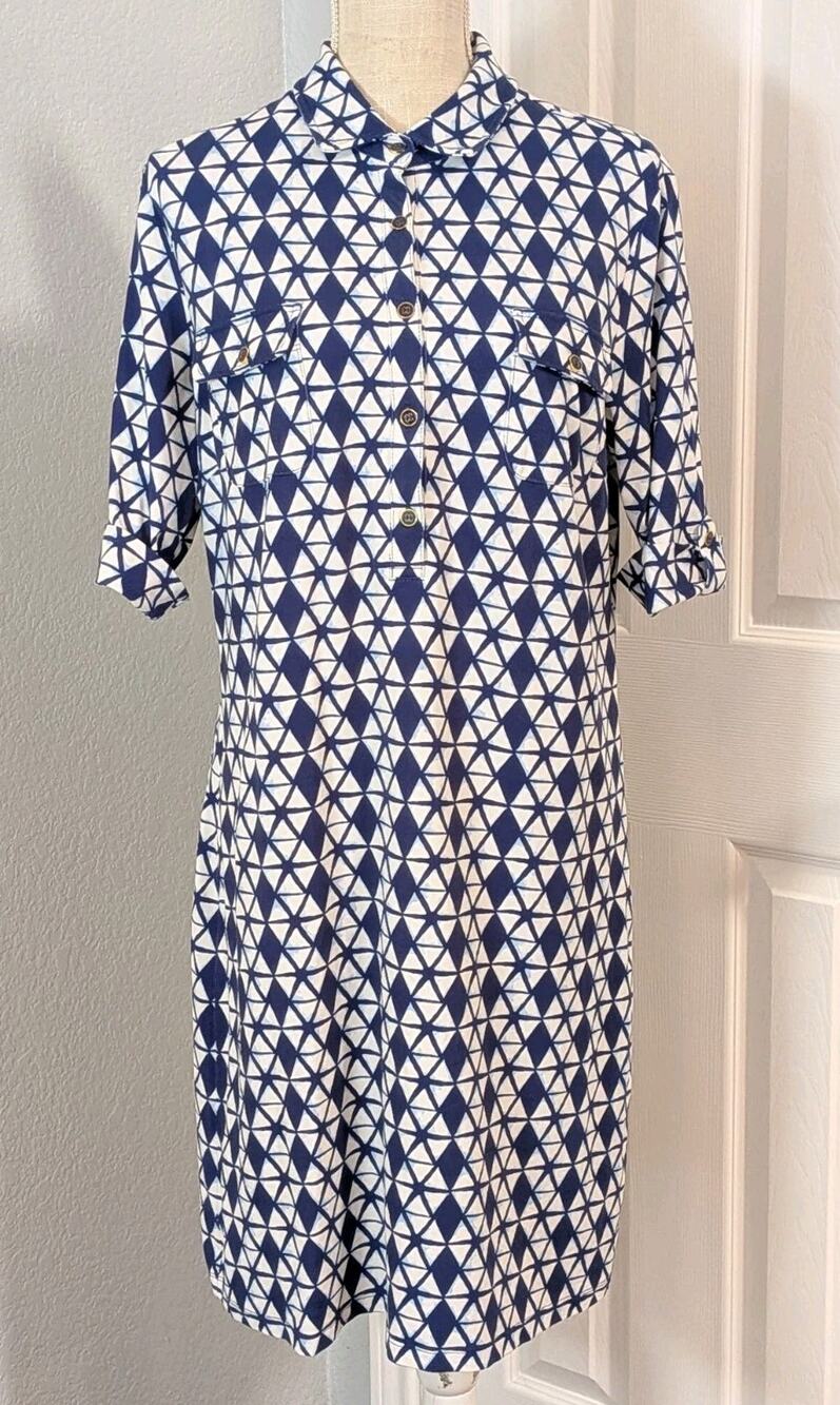 J. McLaughlin Lawrence Shirt Dress L Blue White Catalina Cloth Stretch Shift